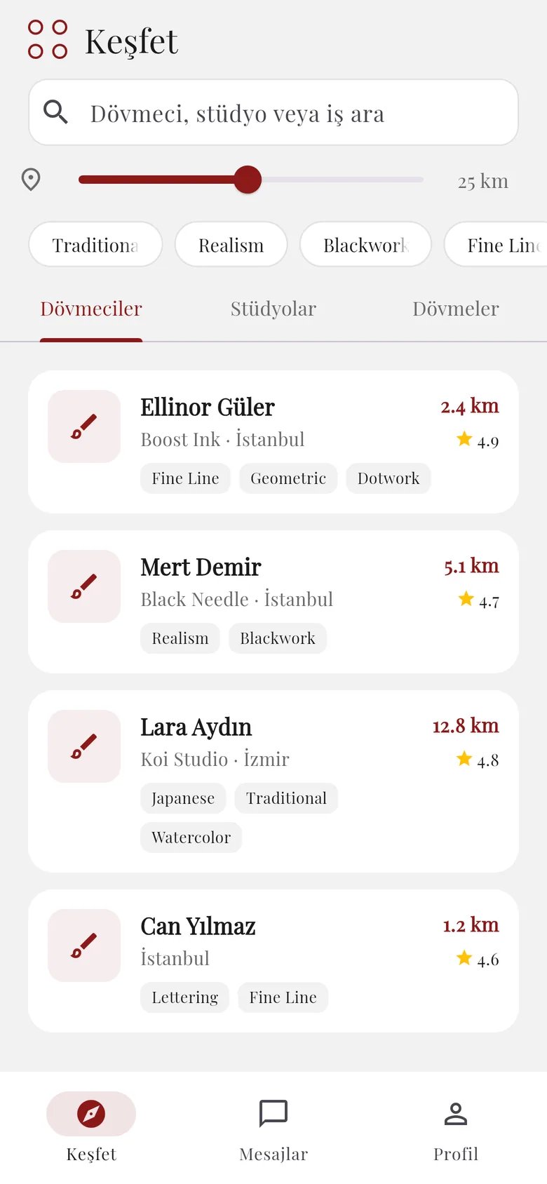 Keşfet ekranı: mesafe kaydırıcısı, tarz filtreleri ve yakındaki dövmeciler listesi