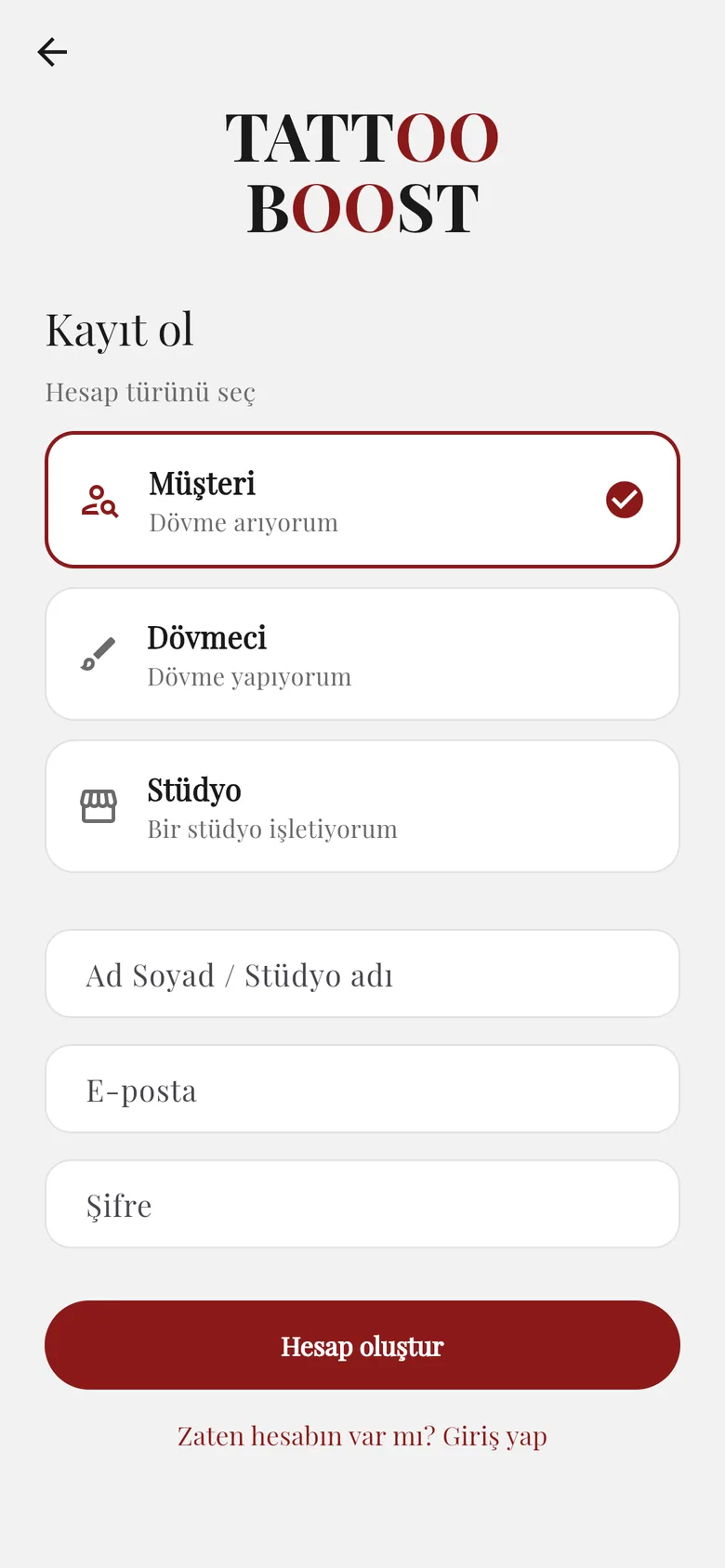 Kayıt ekranı: hesap türü seçimi